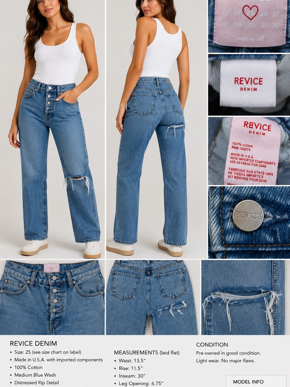 REVICE Medium Blue Distressed Straight Leg Jeans